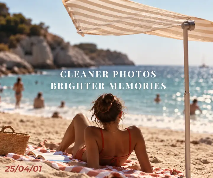 A beach photograph with a date stamp and words over the scene.