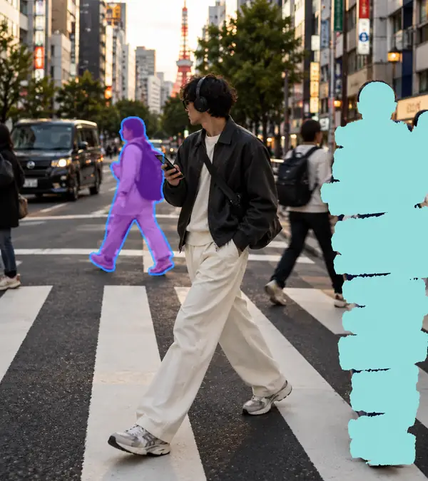 A street photograph showing selected areas during an image cleanup workflow.