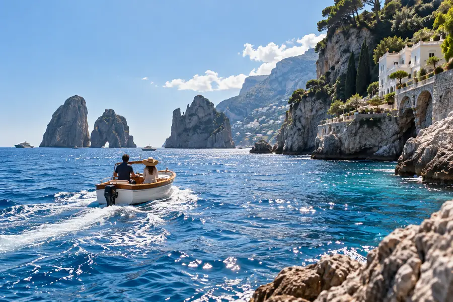 Sunlit coastal photograph with a boat drawing attention from the scenery